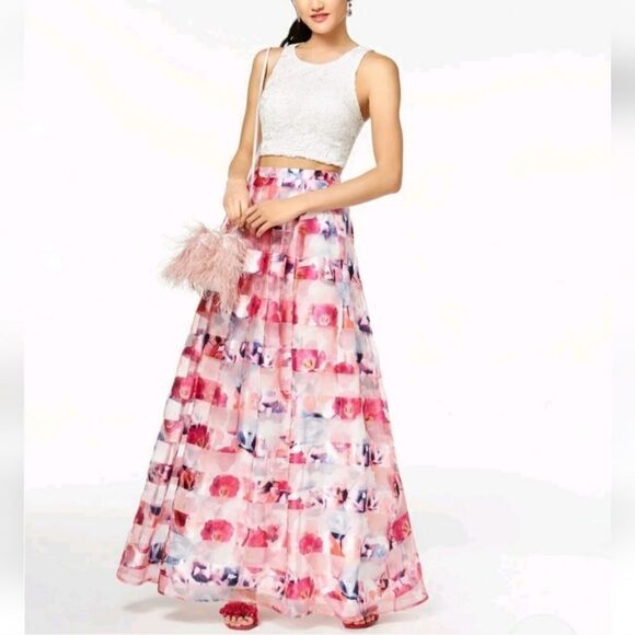 NEW Sequin Hearts 2PC Formal Shadow Stripe Floral Skirt Set in Navy Blue Sz 3/27 - Picture 15 of 16